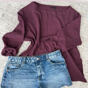 Burgundy Long Sleeve Top and Denim Skorts